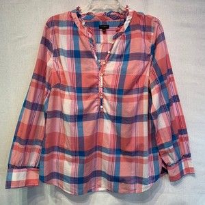 Talbots Ruffle Neck 1/2 button Henley Pullover Plaid Pink/blue blouse top LARGE